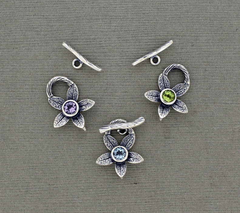 Sterling Silver Flower Toggle Clasp with textures and semiprecious stone PS689